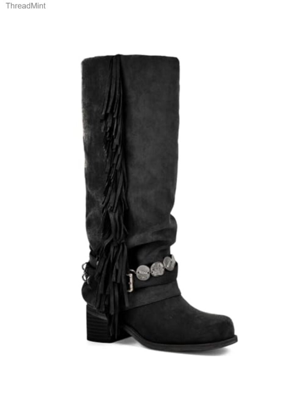 Knee High Suede Riding Boots Chunky Heel Fringe Tassels Boho